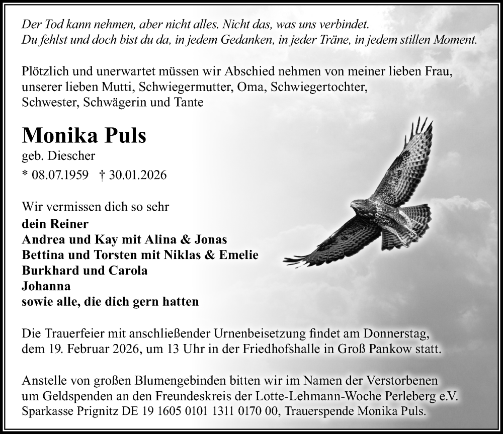  Traueranzeige für Monika Puls vom 07.02.2026 aus Wochenspiegel
