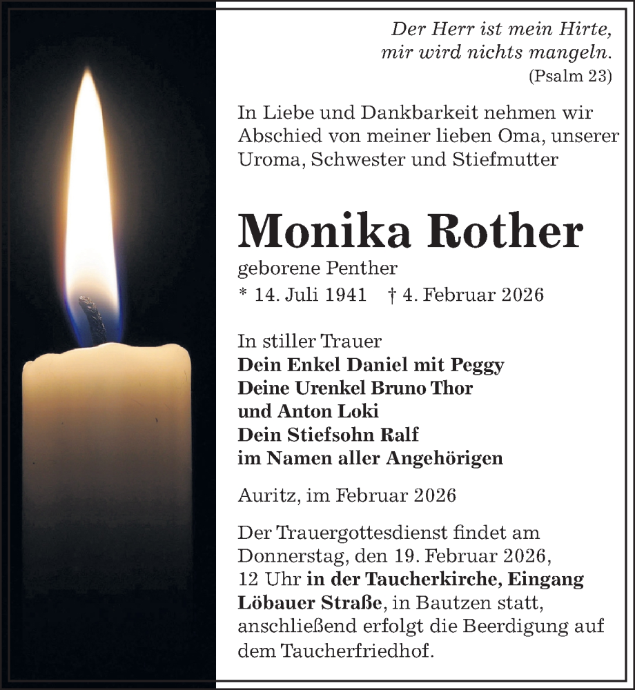  Traueranzeige für Monika Rother vom 14.02.2026 aus Sächsische Zeitung