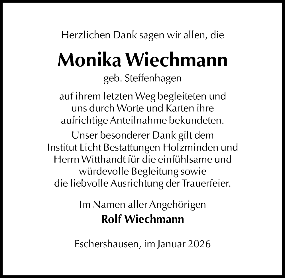  Traueranzeige für Monika Wiechmann vom 14.02.2026 aus Täglicher Anzeiger Holzminden