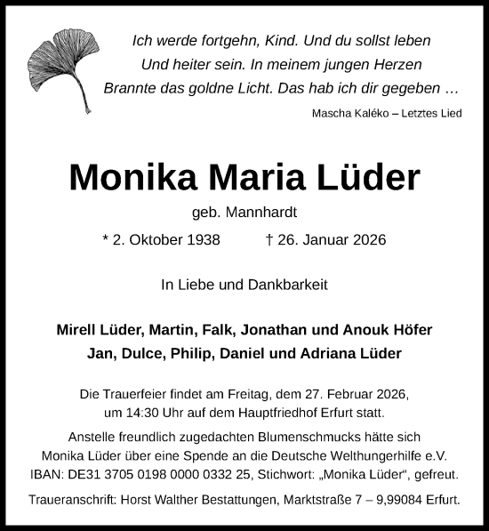 Traueranzeige von Monika Maria Lüder von Peiner Allgemeine Zeitung