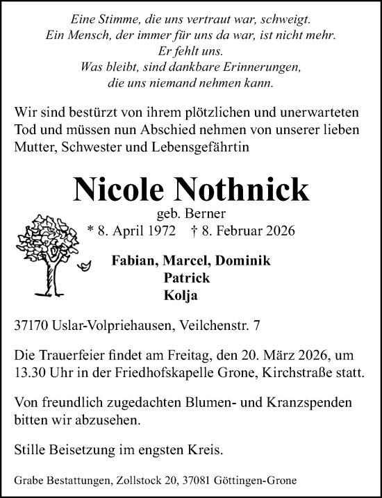 Traueranzeige von Nicole Nothnick von Göttinger Tageblatt
