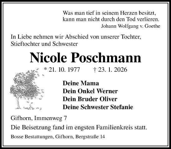 Traueranzeige von Nicole Poschmann von Aller Zeitung