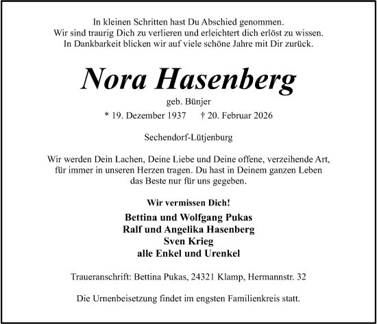 Traueranzeige von Nora Hasenberg von Kieler Nachrichten