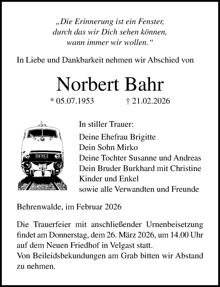  Traueranzeige für Norbert Bahr vom 28.02.2026 aus Ostsee-Zeitung GmbH