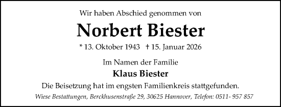 Traueranzeige von Norbert Biester von Hannoversche Allgemeine Zeitung/Neue Presse