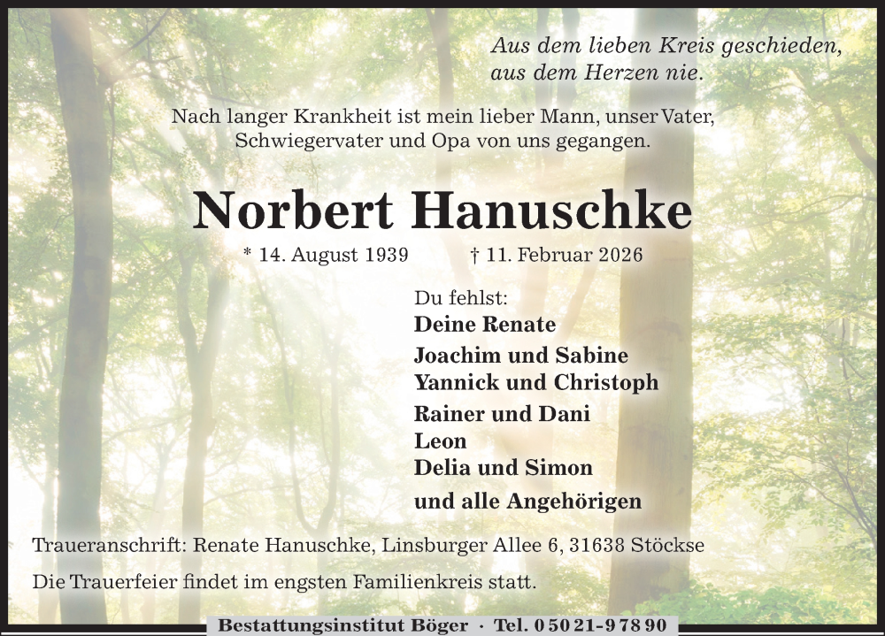  Traueranzeige für Norbert Hanuschke vom 14.02.2026 aus Die Harke