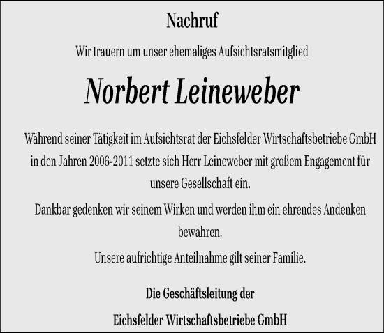 Traueranzeige von Norbert Leineweber von Eichsfelder Tageblatt