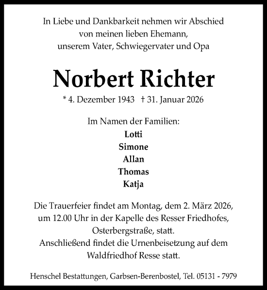 Traueranzeige von Norbert Richter von Hannoversche Allgemeine Zeitung/Neue Presse