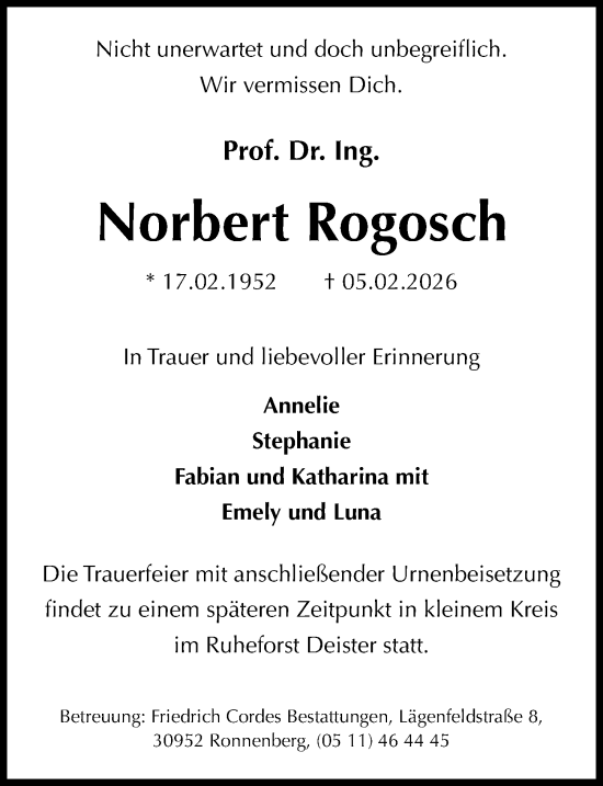Traueranzeige von Norbert Rogosch von Hannoversche Allgemeine Zeitung/Neue Presse