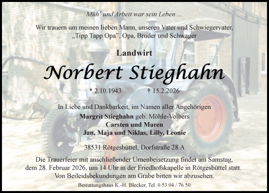 Traueranzeige von Norbert Stieghahn von Aller Zeitung