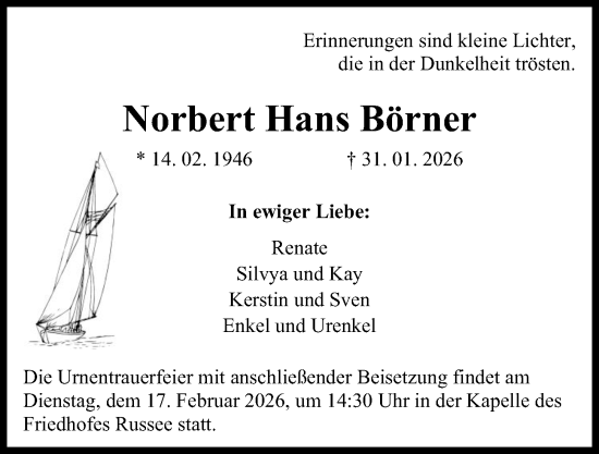 Traueranzeige von Norbert Hans Börner von Kieler Nachrichten