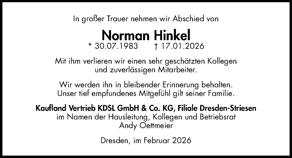  Traueranzeige für Norman Hinkel vom 21.02.2026 aus Sächsische Zeitung