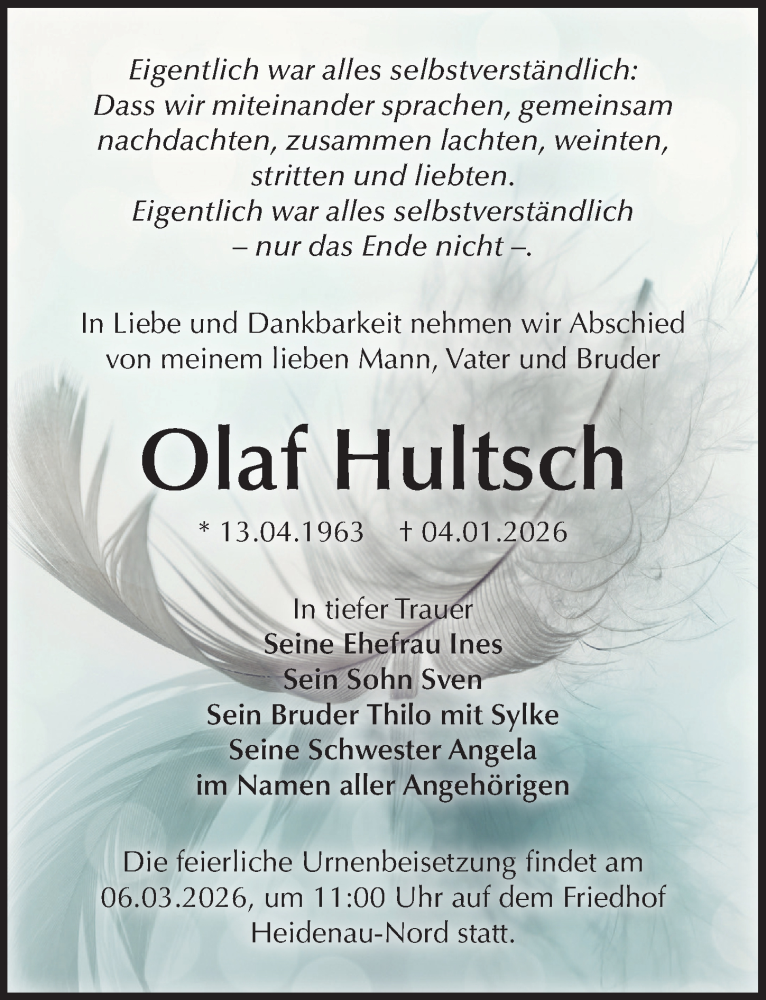  Traueranzeige für Olaf Hultsch vom 07.02.2026 aus Sächsische Zeitung