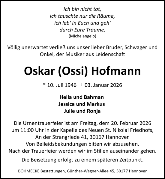 Traueranzeige von Oskar Hofmann von Hannoversche Allgemeine Zeitung/Neue Presse