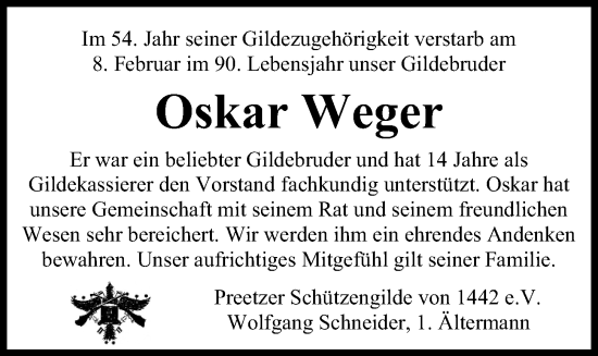 Traueranzeige von Oskar Weger von Kieler Nachrichten