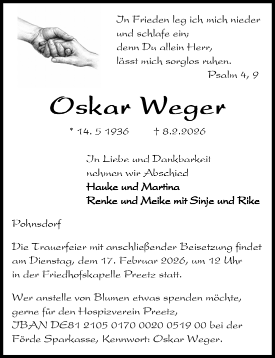 Traueranzeige von Oskar Weger von Kieler Nachrichten