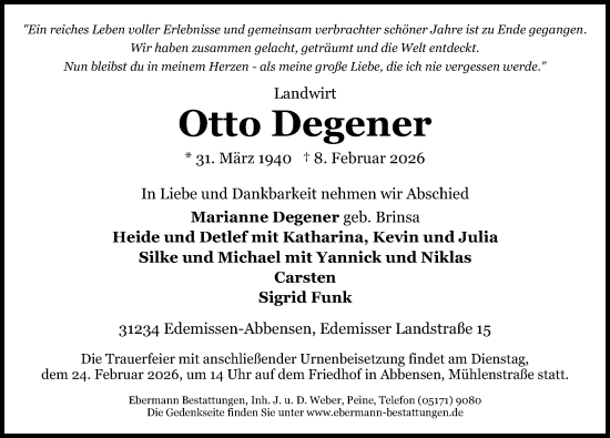 Traueranzeige von Otto Degener von Peiner Allgemeine Zeitung