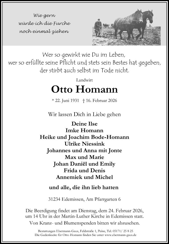  Traueranzeige für Otto Homann vom 21.02.2026 aus Peiner Allgemeine Zeitung