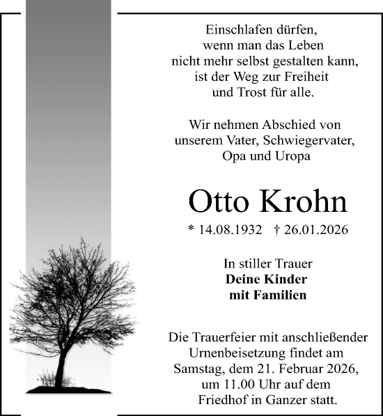 Traueranzeige von Otto Krohn von Wochenspiegel