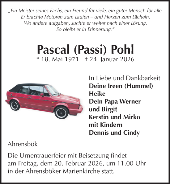Traueranzeige von Pascal Pohl von Lübecker Nachrichten