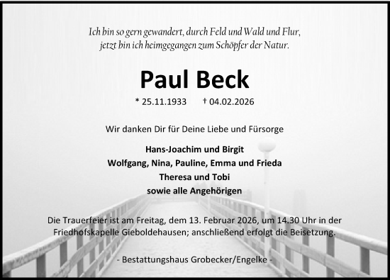 Traueranzeige von Paul Beck von Eichsfelder Tageblatt
