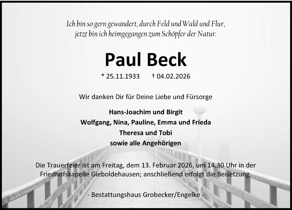  Traueranzeige für Paul Beck vom 07.02.2026 aus Eichsfelder Tageblatt