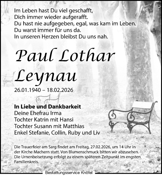 Traueranzeige von Paul Lothar Leynau von Leipziger Volkszeitung