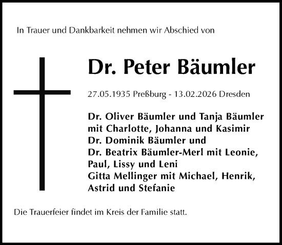 Traueranzeige von Peter Bäumler von Sächsische Zeitung