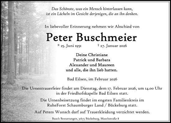 Traueranzeige von Peter Buschmeier von Schaumburger Nachrichten