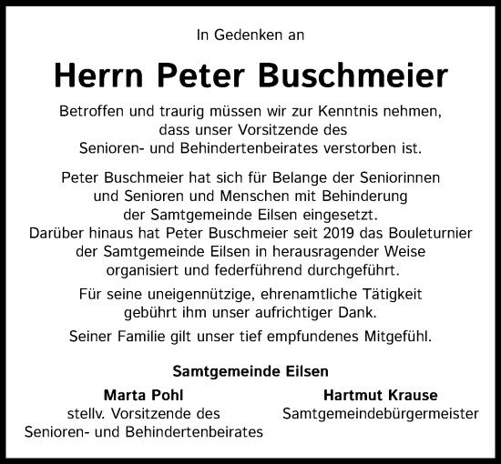 Traueranzeige von Peter Buschmeier von Schaumburger Nachrichten und Schaumburger Zeitung/ Landes-Zeitung