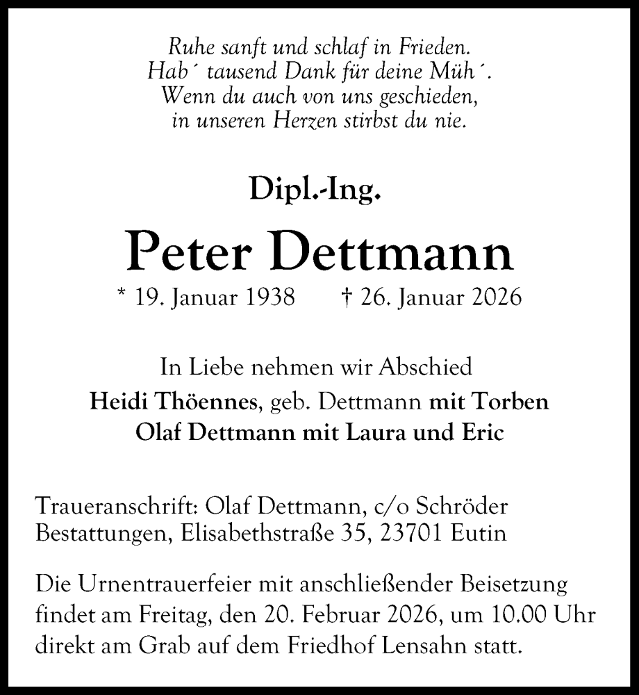  Traueranzeige für Peter Dettmann vom 08.02.2026 aus Lübecker Nachrichten
