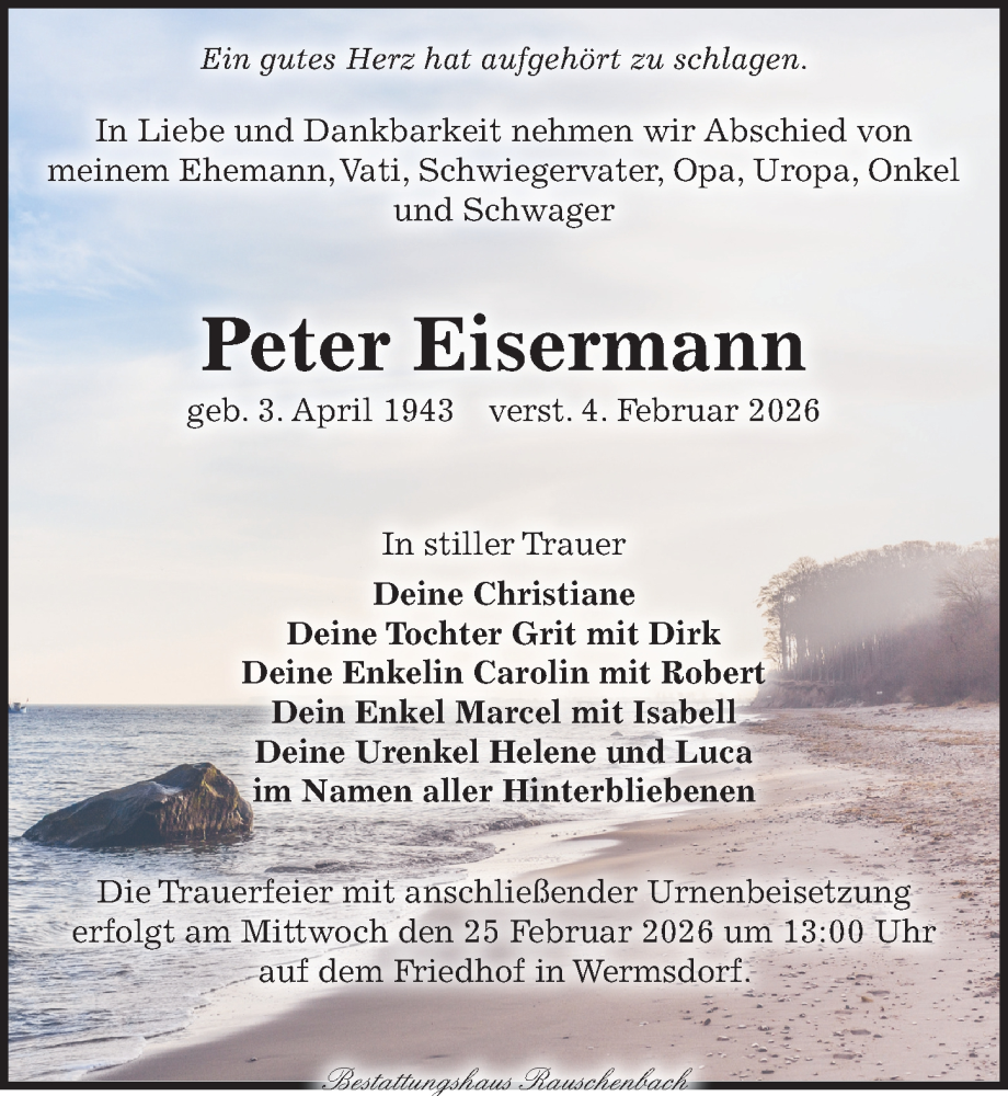  Traueranzeige für Peter Eisermann vom 14.02.2026 aus Leipziger Volkszeitung