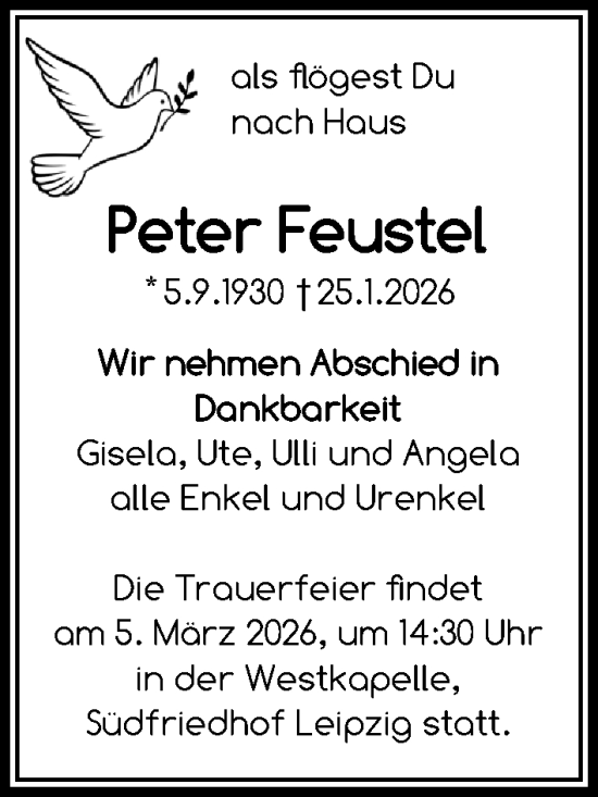 Traueranzeige von Peter Feustel von Leipziger Volkszeitung