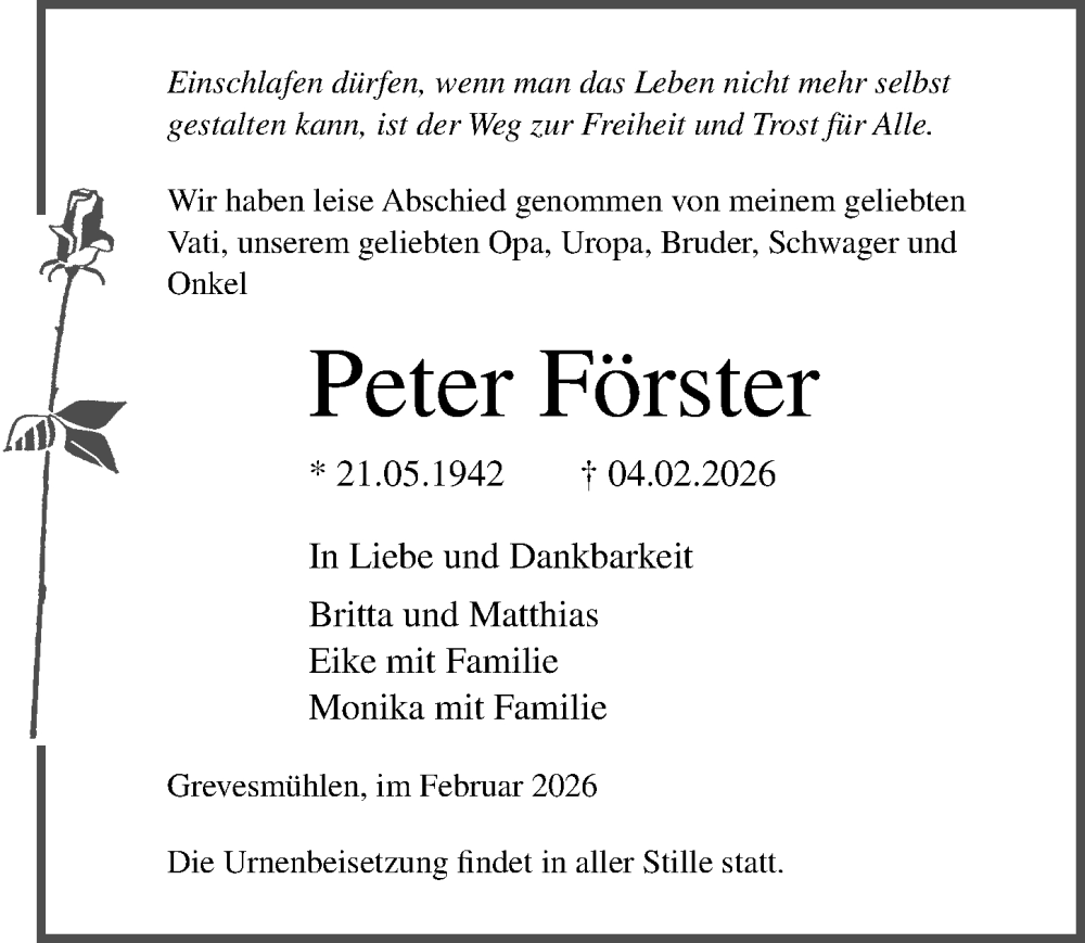  Traueranzeige für Peter Förster vom 07.02.2026 aus Ostsee-Zeitung GmbH