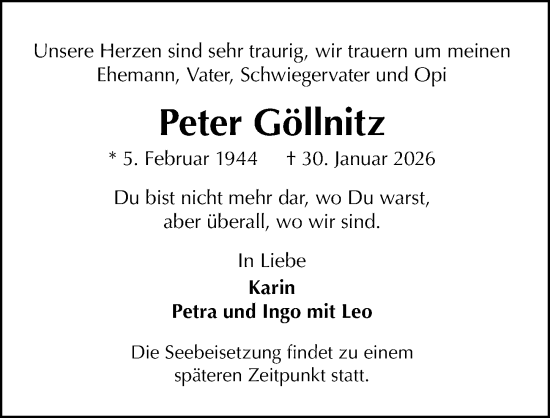Traueranzeige von Peter Göllnitz von Lübecker Nachrichten