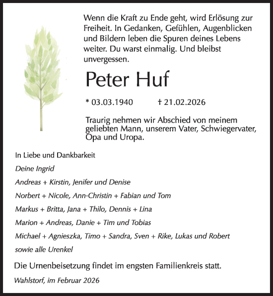 Traueranzeige von Peter Huf von Kieler Nachrichten