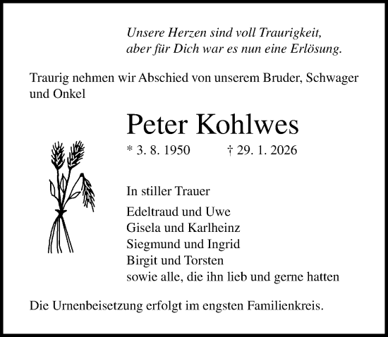 Traueranzeige von Peter Kohlwes von Ostsee-Zeitung GmbH