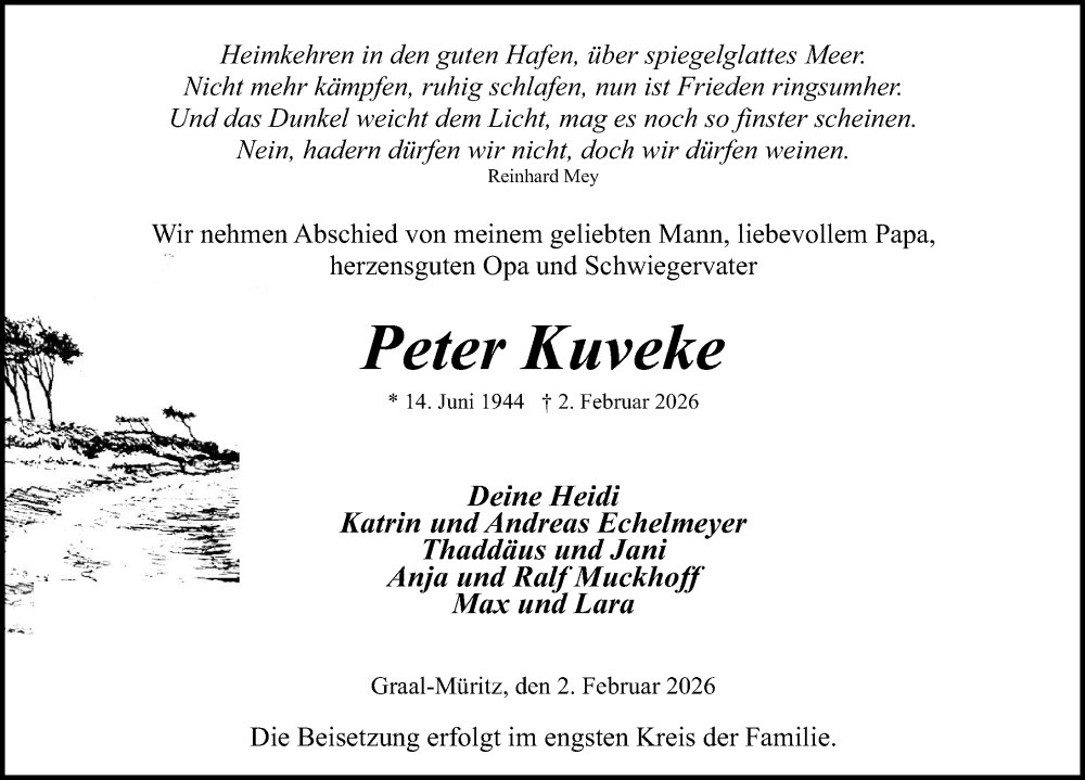  Traueranzeige für Peter Kuveke vom 07.02.2026 aus Ostsee-Zeitung GmbH