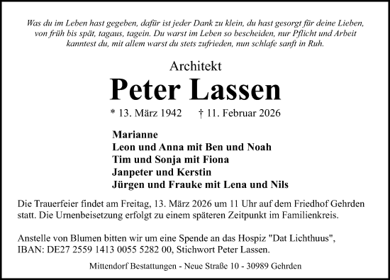 Traueranzeige von Peter Lassen von Hannoversche Allgemeine Zeitung/Neue Presse