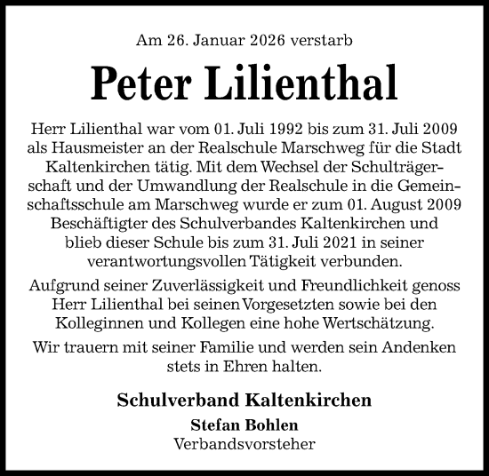 Traueranzeige von Peter Lilienthal von Kieler Nachrichten