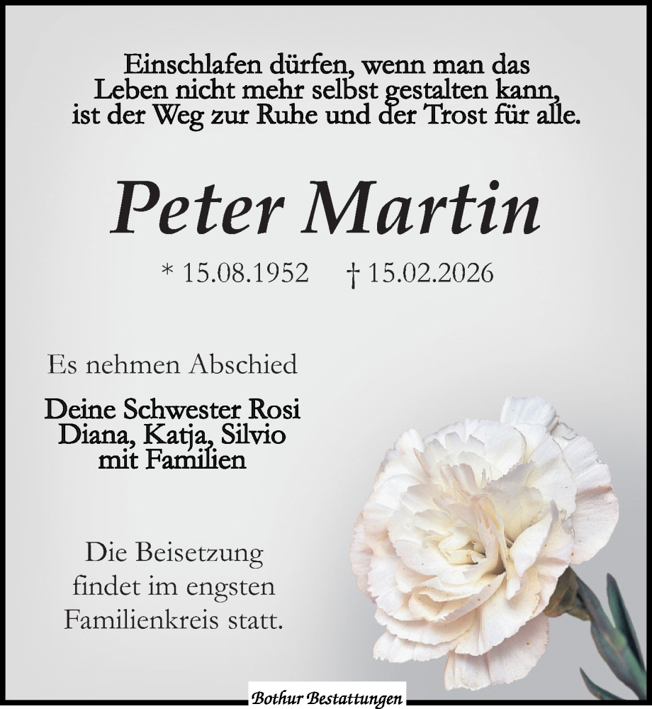  Traueranzeige für Peter Martin vom 21.02.2026 aus Leipziger Volkszeitung