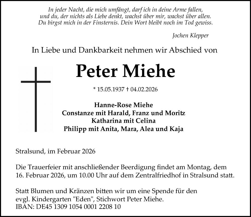  Traueranzeige für Peter Miehe vom 14.02.2026 aus Ostsee-Zeitung GmbH
