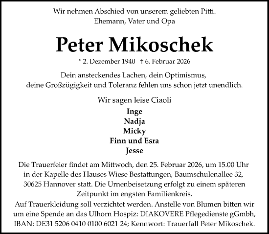Traueranzeige von Peter Mikoschek von Hannoversche Allgemeine Zeitung/Neue Presse