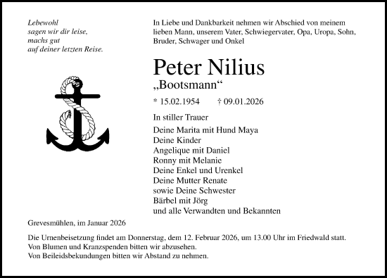 Traueranzeige von Peter Nilius von Ostsee-Zeitung GmbH