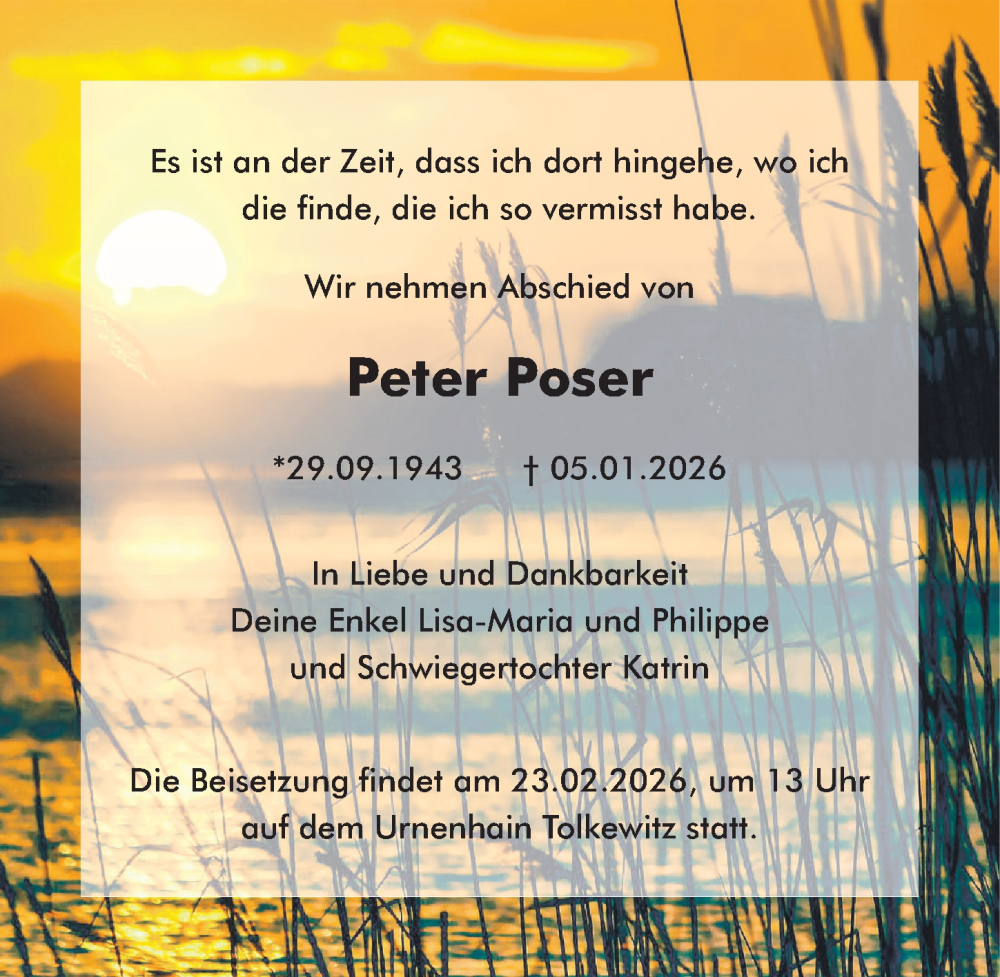  Traueranzeige für Peter Poser vom 14.02.2026 aus Sächsische Zeitung