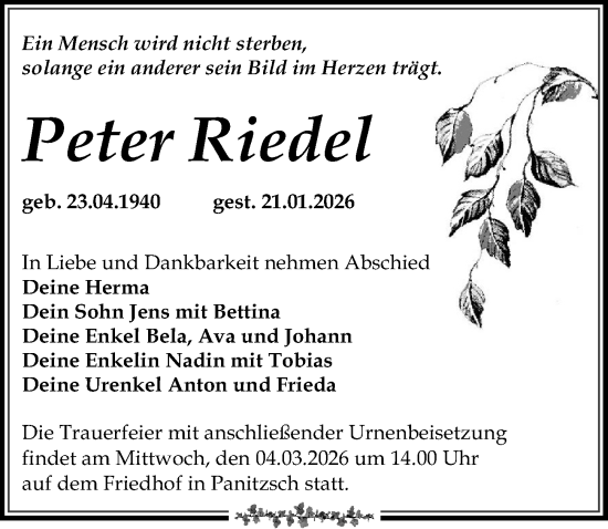 Traueranzeige von Peter Riedel von Leipziger Volkszeitung