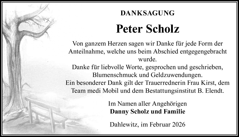  Traueranzeige für Peter Scholz vom 21.02.2026 aus Märkischen Allgemeine Zeitung