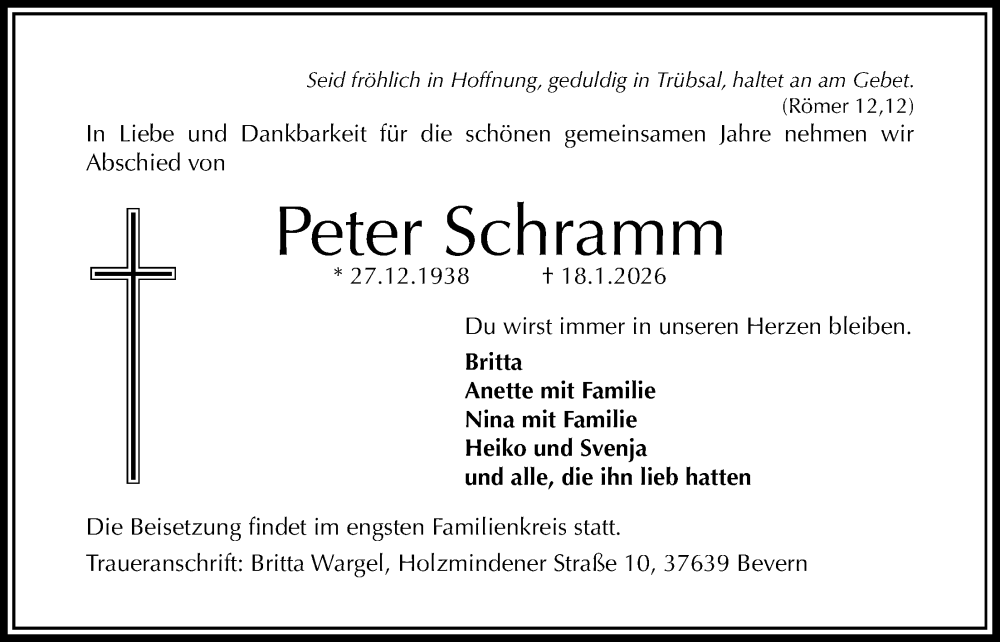  Traueranzeige für Peter Schramm vom 03.02.2026 aus Täglicher Anzeiger Holzminden