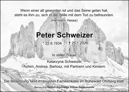 Traueranzeige von Peter Schweizer von Täglicher Anzeiger Holzminden