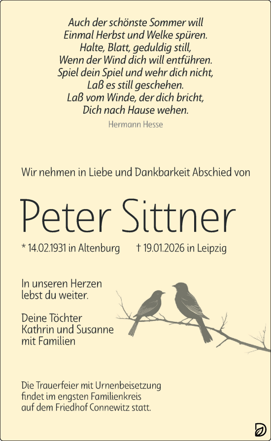 Traueranzeige von Peter Sittner von Leipziger Volkszeitung